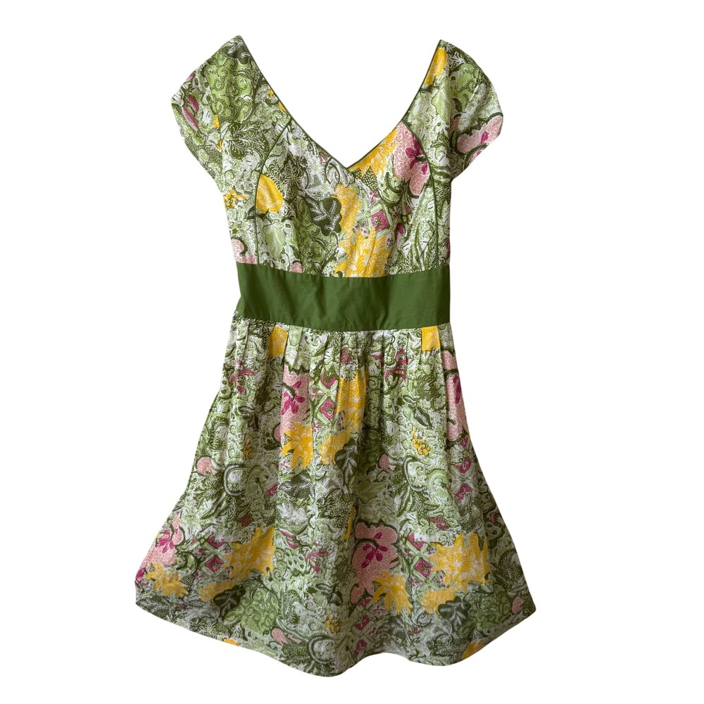 Green Floral Cotton Fit & Flare Dress Smocked Back Cottagecore Garden Party 1x
